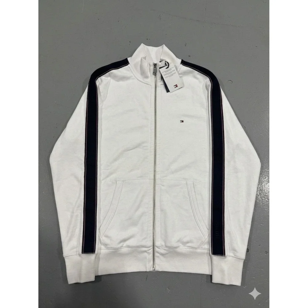 Tommy Hilfiger Mens White Full Zip Track Jacket Navy Side Stripe Size Medium NWT
